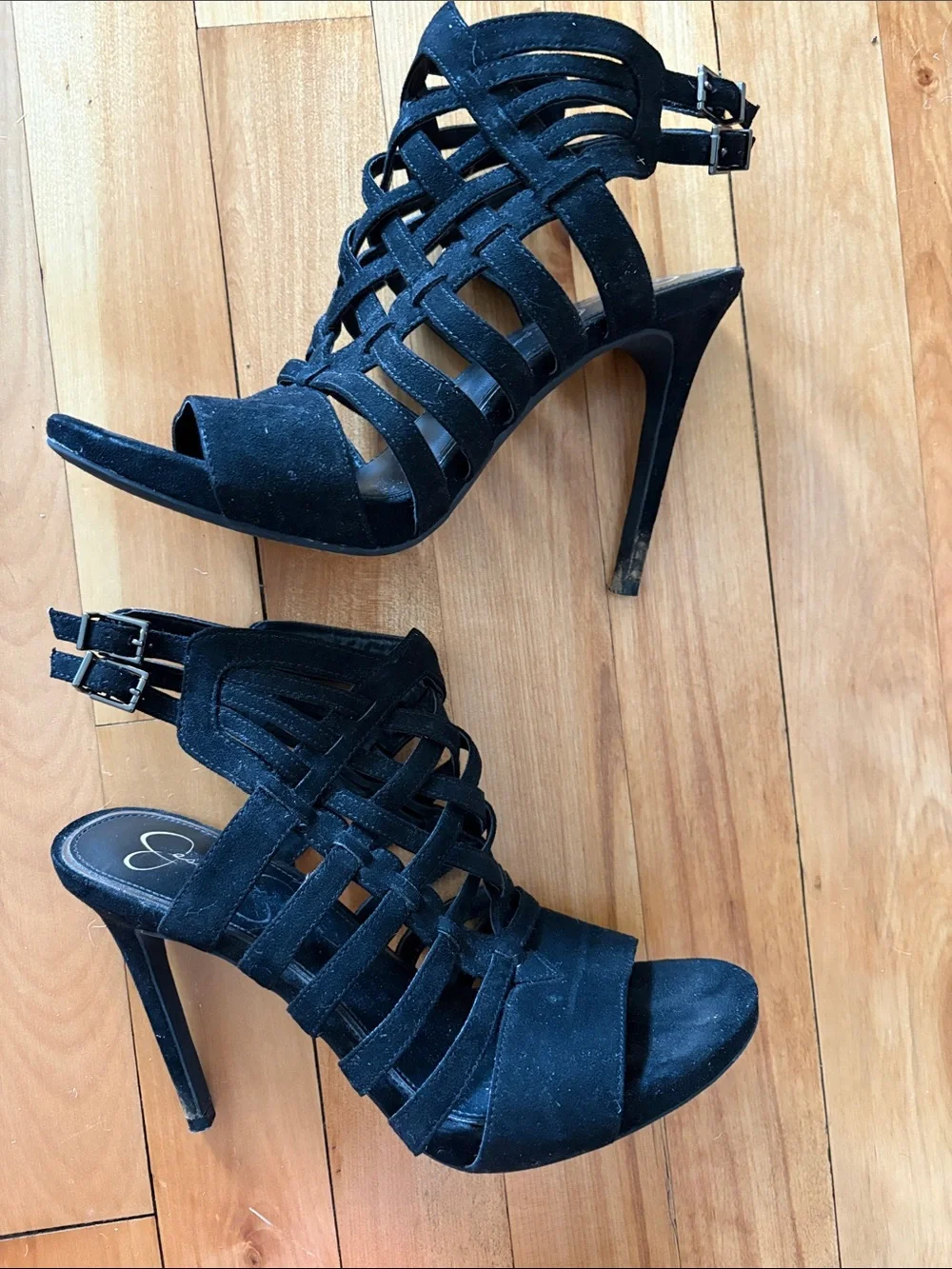 Jessica Simpson Black Strappy Suede Cage Heels - Size 8